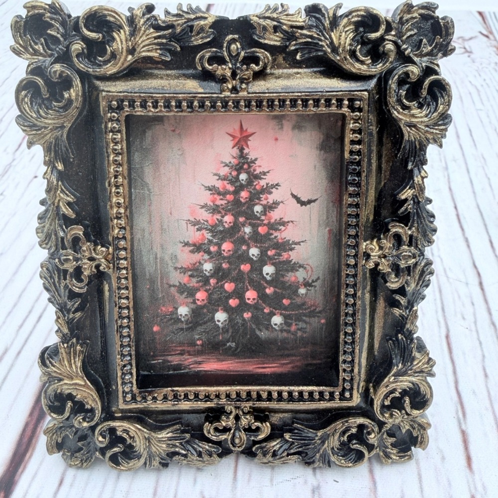 Gothic Christmas Skull Tree Art Print Ornate Black Gold Baroque Frame 3x4